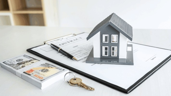 A close-up real estate investment scene featuring a house model placed on top of a property contract, alongside stacks of cash, keys, and a pen on a clipboard. The image represents understanding equity multiples in Albany NY passive deals, passive real estate investing, real estate syndication returns, investment performance metrics, property acquisition analysis, investor profits, capital growth strategies, and financial planning for multifamily real estate investments.
