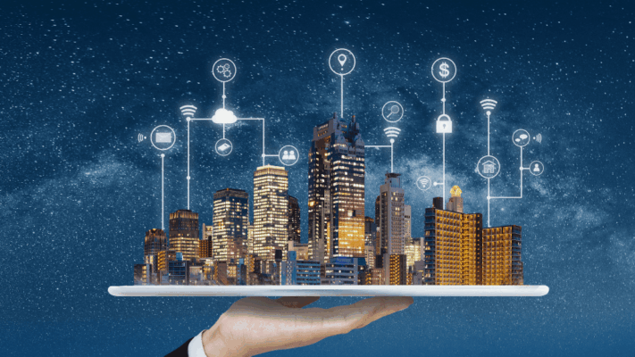 A futuristic smart city visualization featuring a modern skyline resting on a digital platform with interconnected technology, security, financial, and communication icons, symbolizing advanced risk mitigation in Albany NY syndication investments. The image represents technology-driven real estate investing, risk management strategies, multifamily syndication analysis, data-driven investment decisions, portfolio diversification, financial security, market intelligence, digital asset monitoring, and innovative commercial real estate investment planning.