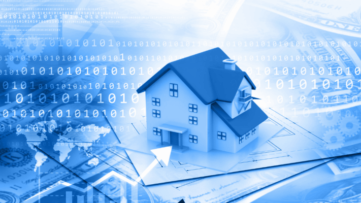 A blue-toned digital illustration of a multi-story residential building placed on architectural blueprints with binary code, financial imagery, and global technology graphics in the background. The image represents technology-enabled multifamily real estate investing, digital portfolio management, passive income strategies, investment analytics, property data analysis, smart real estate investing, financial growth, and building a long-term passive income portfolio through multifamily investments.
