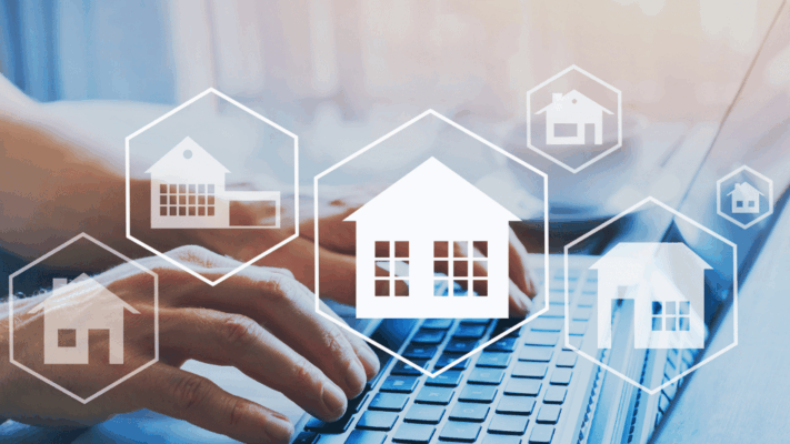 A modern digital real estate investment concept showing hands typing on a laptop with transparent house icons overlaid, representing technology-driven property analysis and investment research. The image symbolizes due diligence, real estate syndication evaluation, digital property screening, investment analysis, risk assessment, online document review, portfolio research, commercial real estate underwriting, data-driven decision-making, and comprehensive due diligence for Albany NY syndication investors.
