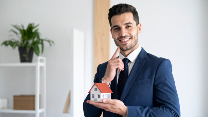 A professionally dressed real estate professional holds a model home while thoughtfully smiling, symbolizing strategic planning and long-term decision-making in property investments. The image conveys leadership, vision, and proactive management, making it ideal for topics such as **understanding annual business plan reviews for syndications**, multifamily asset management, investment strategy, business planning, portfolio performance, value-add execution, investor communication, operational planning, long-term real estate goals, and reviewing annual performance against investment objectives.
