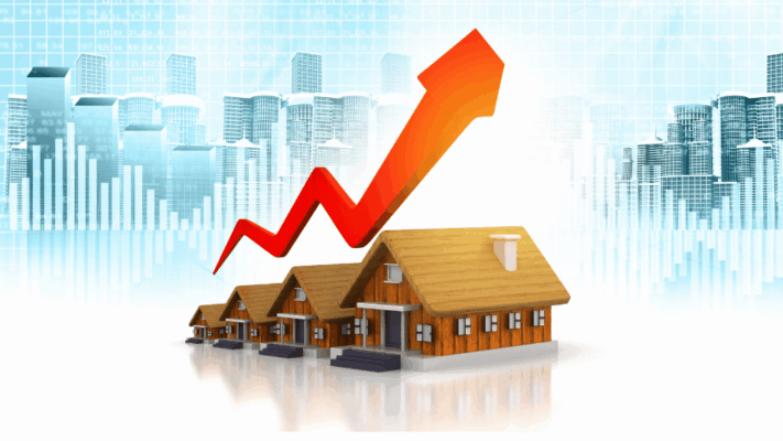 A commercial real estate investment concept featuring a row of residential properties with a bold upward growth arrow against a city skyline and financial charts. The image represents the balance between cash flow and appreciation in multifamily investing, long-term wealth creation, passive real estate income, property value growth, investment performance, portfolio appreciation, recurring distributions, commercial real estate strategy, financial returns, and helping passive investors understand the trade-offs between steady cash flow and long-term appreciation.